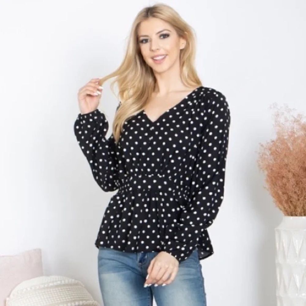 Black V-Neck Long Sleeve Blouse with White Polka Dots